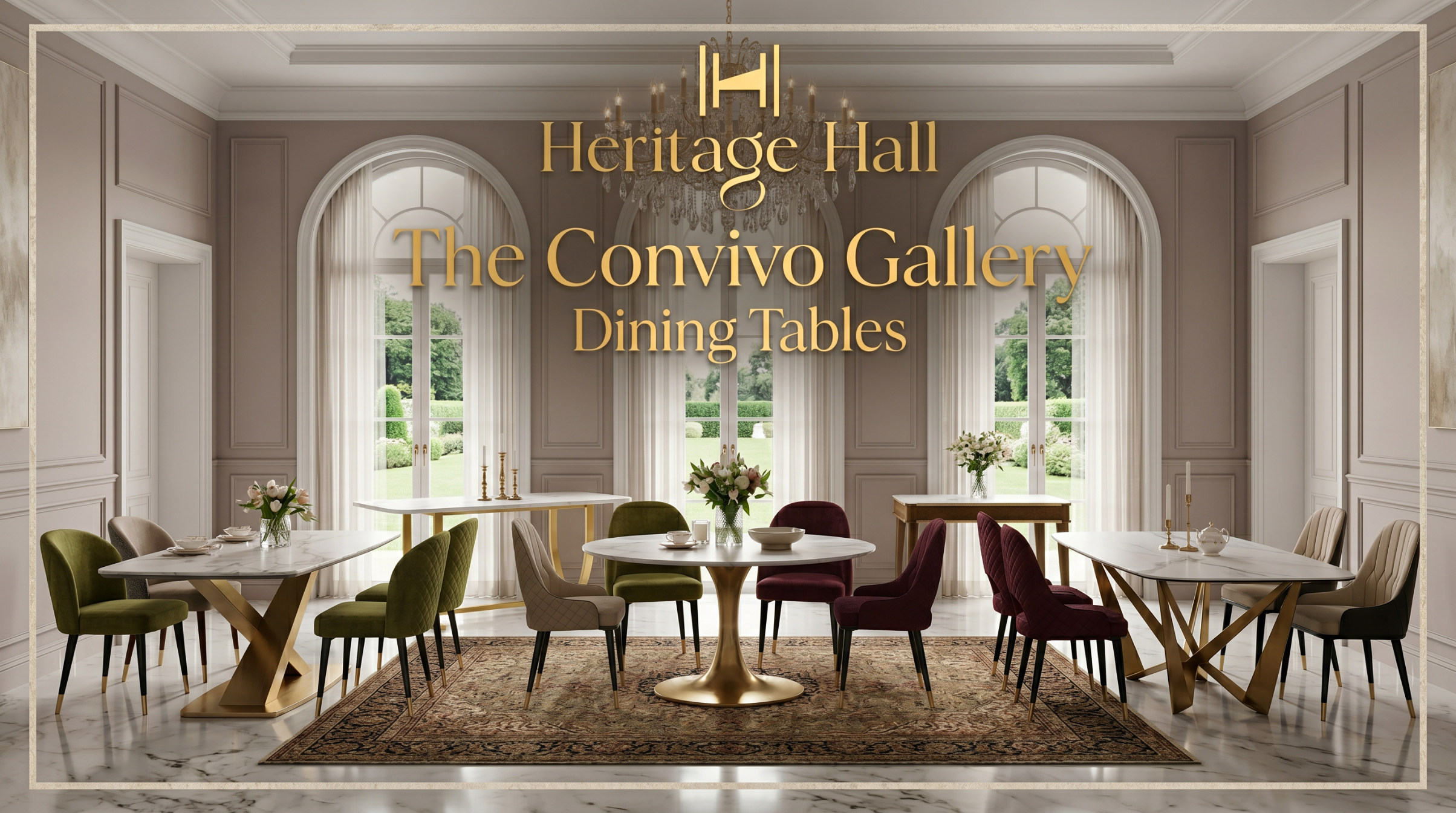 Dining room with convivo gallery dining tables and chairs, featuring 'Heritage Hall' branding.